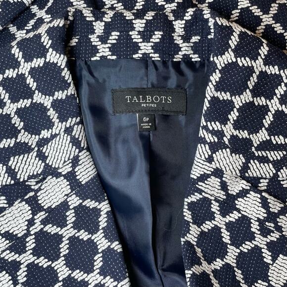 TALBOTS COTTON GEOMETRIC BLAZER JACKET BLUE WHITE 6p - Picture 6 of 8